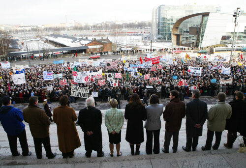 A demonstration in front of the Parliament Building in Helsinki